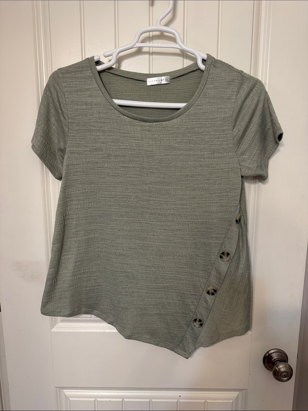 Button-Accent Scoop Neck Tee in Sage Green - Women's Short Sleeve